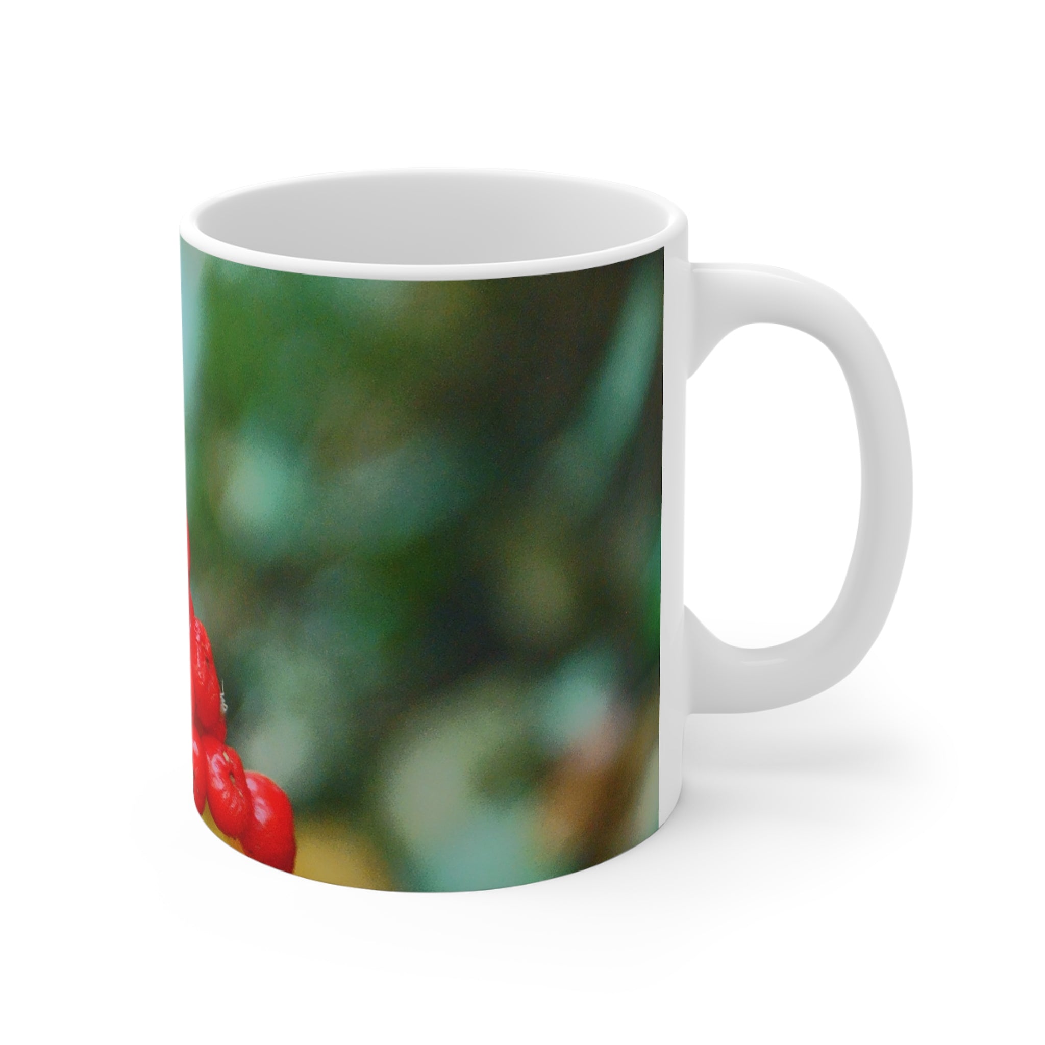 Red berries and green foliage botanical photograph printed on an 11 oz white ceramic mug