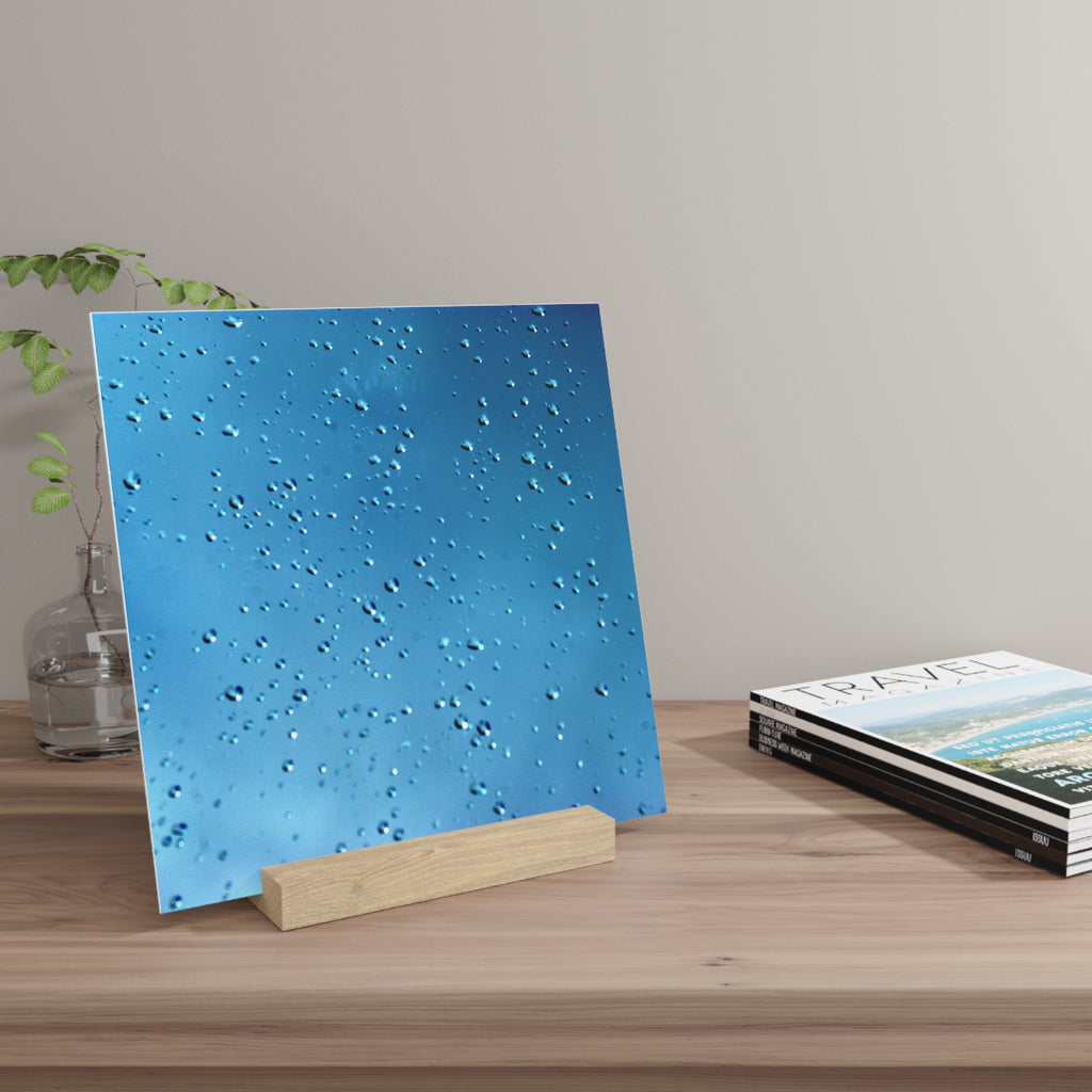 Blue Raindrops Gallery Board with Oak Stand — Original Nature Photography