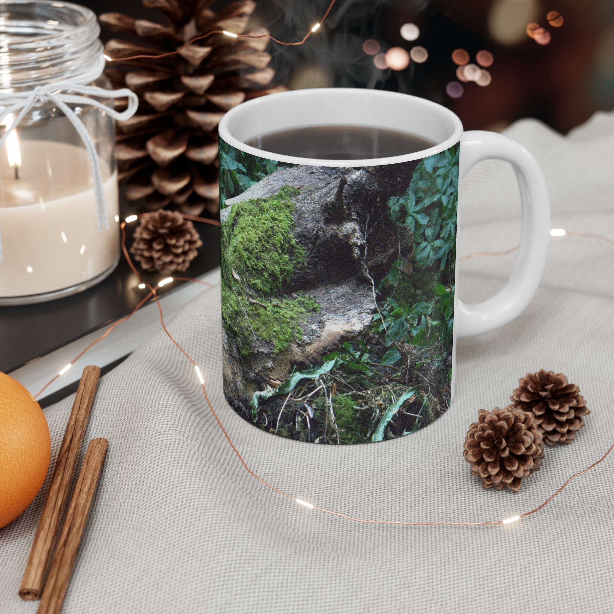 Moss-covered woodland tree photograph printed on an 11 oz white ceramic mug