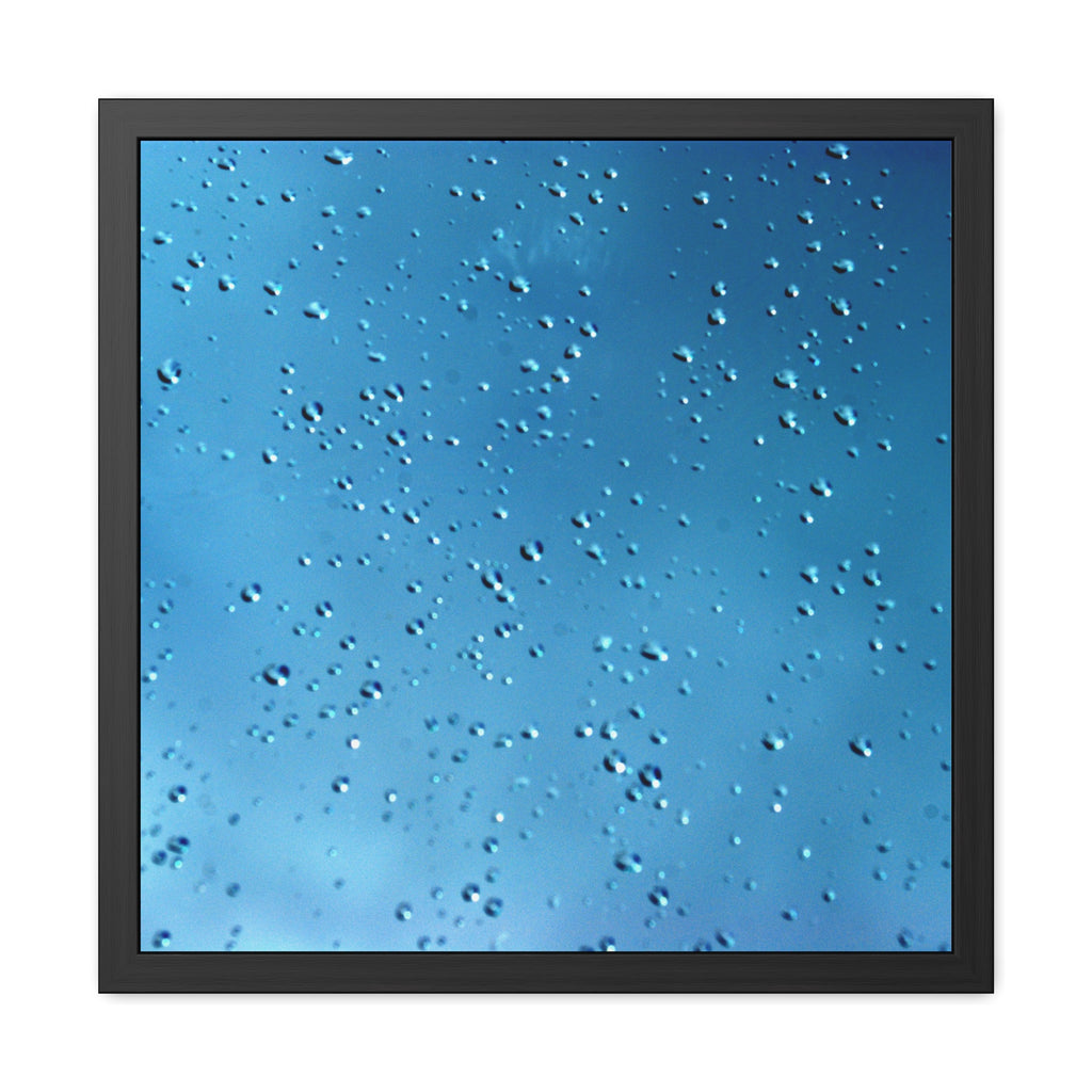 Blue raindrops on window framed photography poster