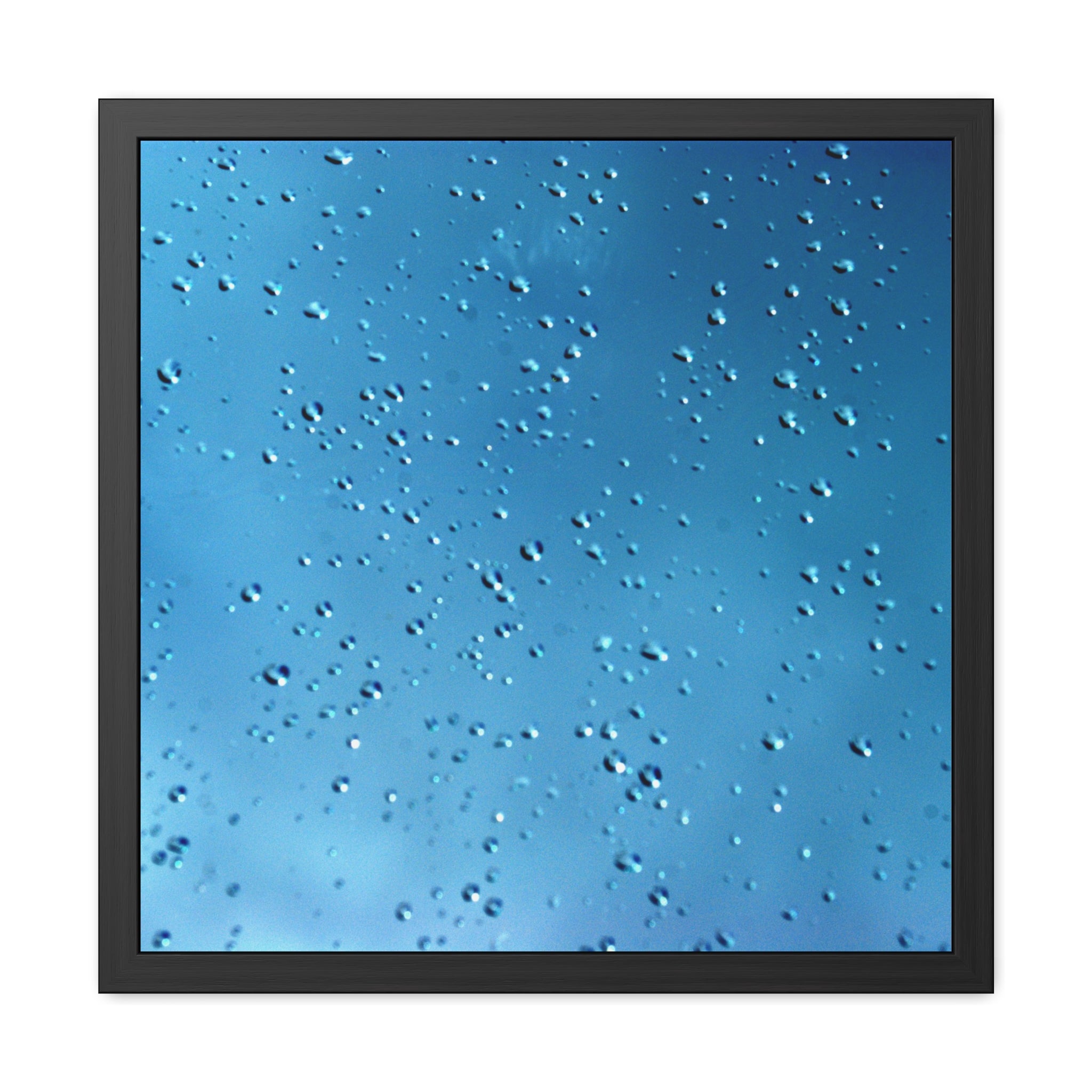 Blue raindrops on window framed photography poster