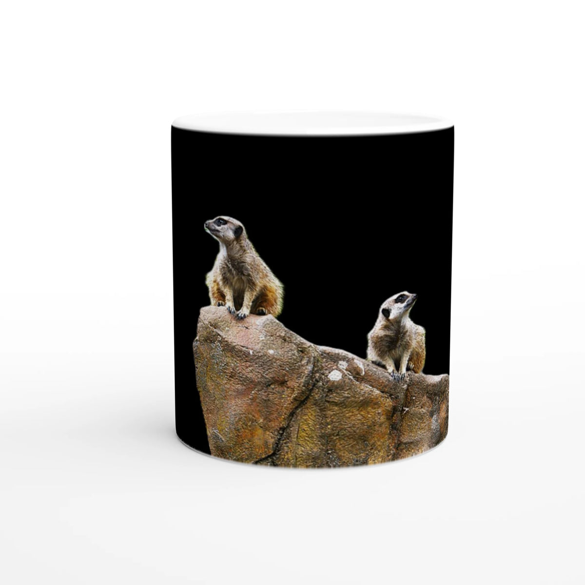 Two meerkats standing lookout on a Nature Noticed wildlife photography mug