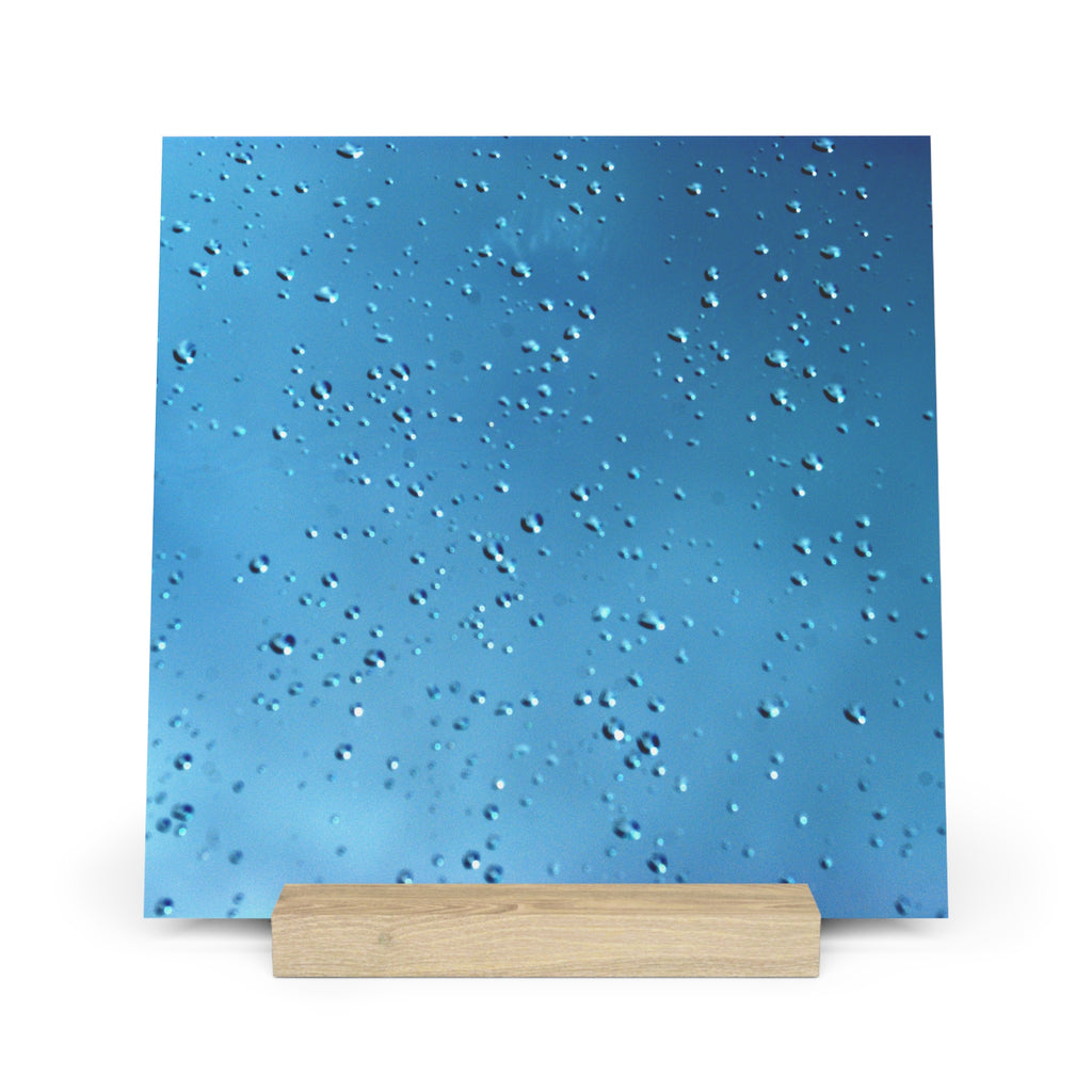 Blue Raindrops photography gallery board with oak stand