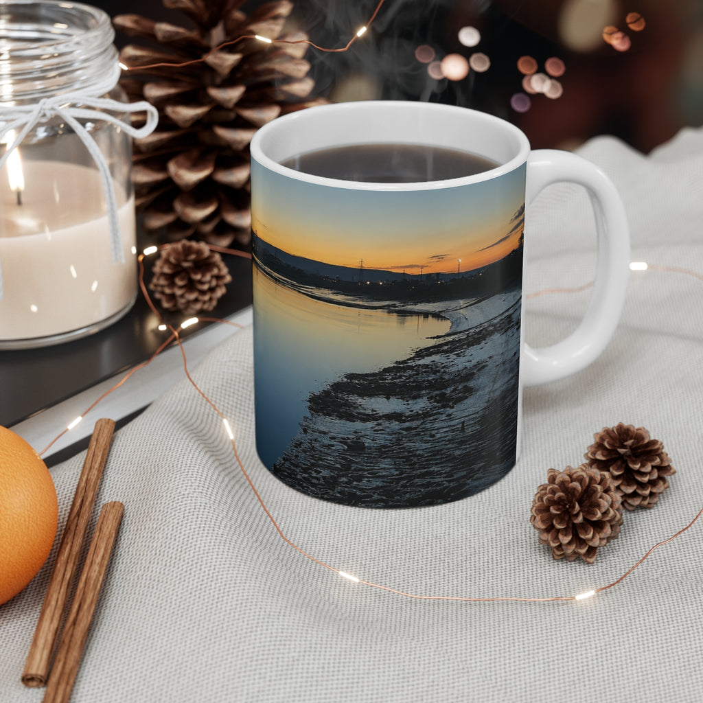 11 oz ceramic mug featuring original Newport Docks industrial sunset photography — edition of 20